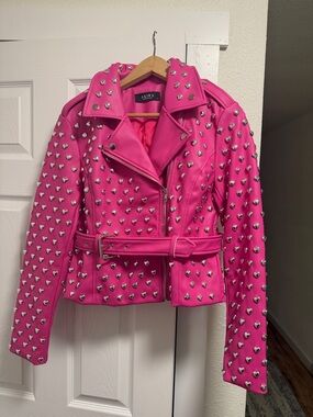 AKIRA Bright Pink Heart-Studded Belted Moto Jacket. New never worn.